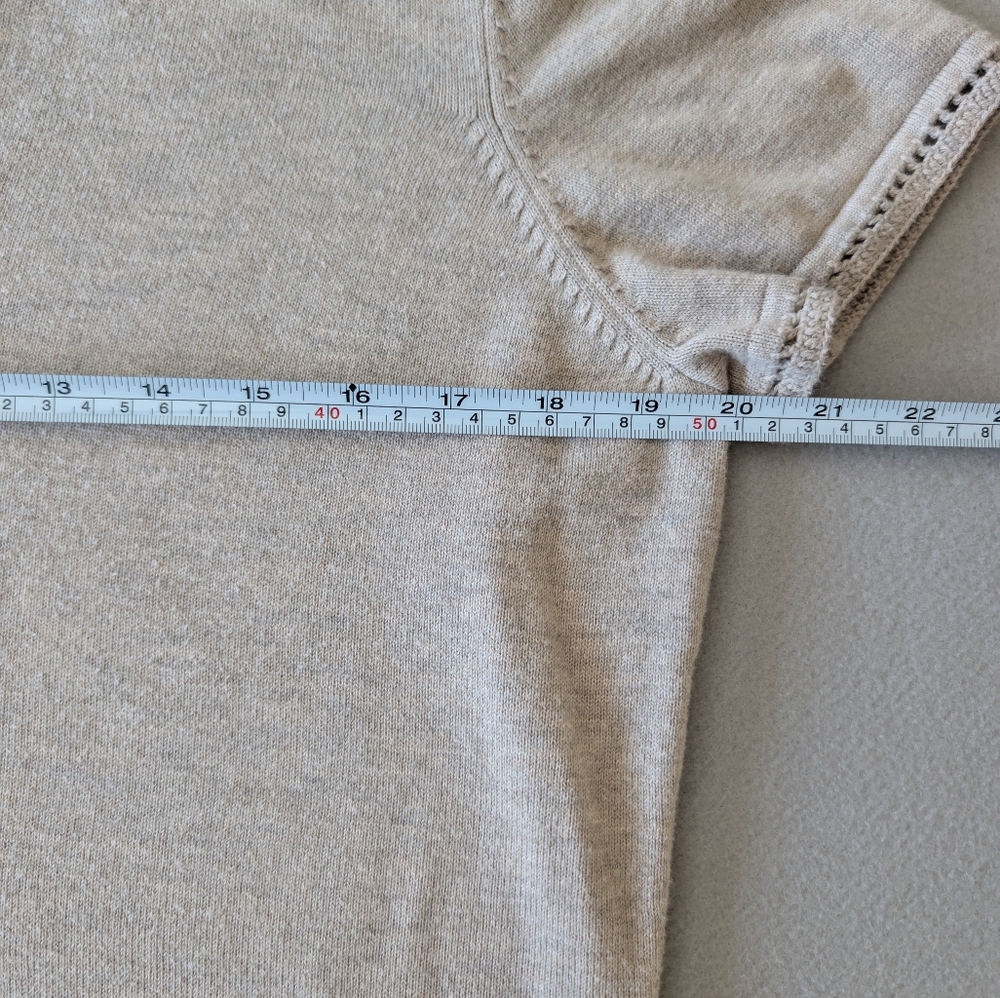 V Neck Short Sleeve Crochet Trim Notch Neck Sweater Top Beige Cream Neutral L - Picture 5 of 6